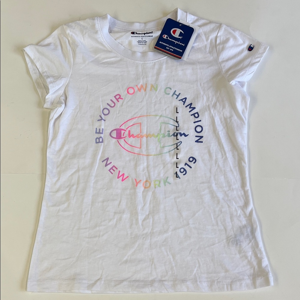New girls Champion White Tee with Multicolor Graphic in size large